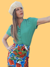 Charger l'image dans la galerie, Chemisier vintage Scarlett - Vert à boutons à brides. Taille M, 38, 40. Françoise de France.