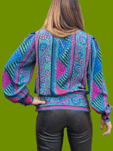 Charger l'image dans la galerie, Chemisier vintage Ombeline - Imprimé géométrique coloré et irisé. Taille M, 38, 40. Fink Modell.