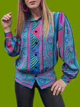 Charger l'image dans la galerie, Chemisier vintage Ombeline - Imprimé géométrique coloré et irisé. Taille M, 38, 40. Fink Modell.