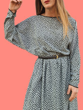 Charger l'image dans la galerie, Robe vintage Marcia - Mouchetée gris bleu et noir. Taille L, 40, 42. Jean Bailly. Made in France