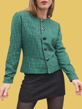 Charger l'image dans la galerie, Blaser vintage Élisa - A carreaux Vichy verts et noirs. Laine. Taille M, 38, 40. Ams'Elle Paris. Made in France