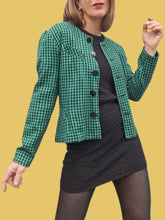 Charger l'image dans la galerie, Blaser vintage Élisa - A carreaux Vichy verts et noirs. Laine. Taille M, 38, 40. Ams'Elle Paris. Made in France