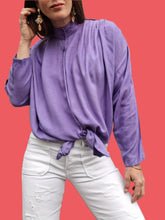 Charger l'image dans la galerie, Chemisier vintage Léanna - Violet, plissé, chauve souris. Taille M, 38, 40. Made in France.