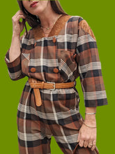 Charger l'image dans la galerie, Combinaison vintage Pénélope - A carreaux marron et bleu. Taille M, 38, 40. Made in France