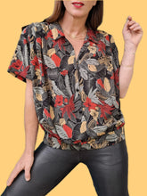 Charger l'image dans la galerie, Blouse vintage Violette - Imprimé tropical et patte d'épaules. Taille XL, 42, 44.