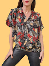 Charger l'image dans la galerie, Blouse vintage Violette - Imprimé tropical et patte d'épaules. Taille XL, 42, 44.