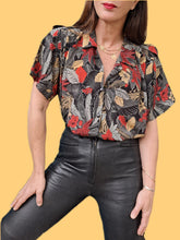 Charger l'image dans la galerie, Blouse vintage Violette - Imprimé tropical et patte d'épaules. Taille XL, 42, 44.