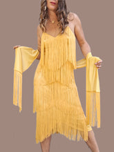 Charger l'image dans la galerie, Robe vintage Josephine - Charleston jaune à franges. Taille S, 36, 38. Créations Guzanel Paris Made in France.