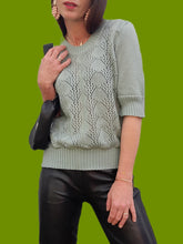 Charger l'image dans la galerie, Pull d'été vintage Suzie - Vert d'eau en mailles ajourées. Taille M, 38, 40. Tricot Djezi. Made in France