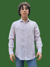 Charger l'image dans la galerie, Chemise "Seconde" Olivier - Blanche à fines rayures roses. Fitted. Taille L, 40, 42. Calvin Klein.