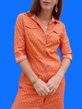 Charger l'image dans la galerie, Robe vintage Angèle - Coton imprimé Camarguais orange. Taille S, 36, 38. Les Olivades.