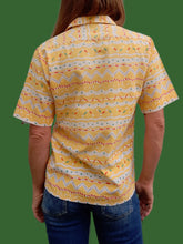 Charger l'image dans la galerie, Chemisier vintage Éléa - Jaune imprimé graphique en coton. Taille S, 36, 38. Besafinad Paris. Made in France.