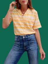 Charger l'image dans la galerie, Chemisier vintage Éléa - Jaune imprimé graphique en coton. Taille S, 36, 38. Besafinad Paris. Made in France.