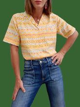 Charger l'image dans la galerie, Chemisier vintage Éléa - Jaune imprimé graphique en coton. Taille S, 36, 38. Besafinad Paris. Made in France.
