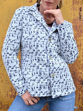 Charger l'image dans la galerie, Blazer vintage Céleste - Imprimé géométrique texturé bleu. Taille L, 40, 42. Jean Girard. Made in France