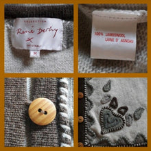Charger l'image dans la galerie, Gilet en laine d'agneau, col V, René Derhy, taille M, 36, 38, broderies cœurs. Couleurs Vintage