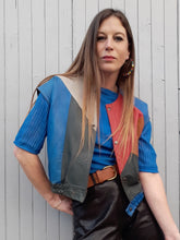 Charger l'image dans la galerie, Veste sans manche en patchwork de cuir. Taille L, 40, 42. Couleurs Vintage. Bleu, rouge, camel, vert bouteille, jaune.