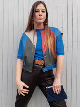 Charger l'image dans la galerie, Veste sans manche en patchwork de cuir. Taille L, 40, 42. Couleurs Vintage. Bleu, rouge, camel, vert bouteille, jaune.
