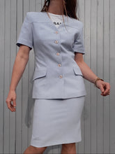 Charger l'image dans la galerie, Ensemble Couleurs Vintage, blazer et jupe crayon bleu ciel, taille XS, 34,36. Marcelle Griffon