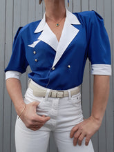 Charger l'image dans la galerie, Chemisier vintage Noëlla - Tissu contrastant. Taille M, 38, 40. Fabriqué en France