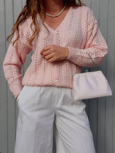 Charger l'image dans la galerie, Gilet vintage Solveig - Maille ajourée rose. Taille XL, 42, 44. Made in France