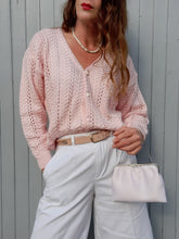 Charger l'image dans la galerie, Gilet vintage Solveig - Maille ajourée rose. Taille XL, 42, 44. Made in France