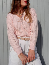 Charger l'image dans la galerie, Gilet vintage Solveig - Maille ajourée rose. Taille XL, 42, 44. Made in France