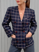 Charger l'image dans la galerie, Blazer vintage Phoebe - Bleu marine à carreaux. Taille M, 38, 40. Made in France.