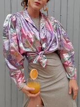 Charger l'image dans la galerie, Chemisier vintage Grace - Imprimé floral métallisé. Taille XL, 42, 44. Made in France.