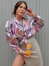 Charger l'image dans la galerie, Chemisier vintage Grace - Imprimé floral métallisé. Taille XL, 42, 44. Made in France.