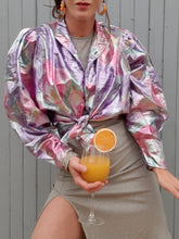 Charger l'image dans la galerie, Chemisier vintage Grace - Imprimé floral métallisé. Taille XL, 42, 44. Made in France.