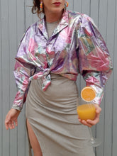 Charger l'image dans la galerie, Chemisier vintage Grace - Imprimé floral métallisé. Taille XL, 42, 44. Made in France.