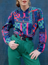 Charger l'image dans la galerie, Chemisier vintage Paméla - Imprimé coloré. Taille S, 36, 38. Jean Gabriel. Made in France