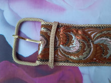 Charger l'image dans la galerie, Ceinture vintage Angéla - Jacquard orange et doré. Taille XS, S. Made in France.