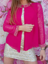 Charger l'image dans la galerie, Blouse vintage Elodie - Rose fuchsia. Col et manches ornés de perles. Taille S, 36, 38. Cinquini.