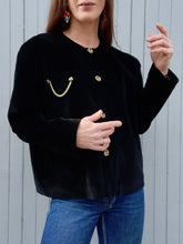 Charger l'image dans la galerie, Veste vintage Suzie - Velours noir et chaîne dorée. Taille L, 40, 42. Made in France
