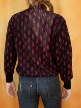 Charger l'image dans la galerie, Pull vintage Nicole - Col haut, imprimé géométrique noir et fuchsia. Taille S, 36, 38. Made in France