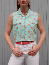 Charger l'image dans la galerie, Chemisette vintage Dorothée - Imprimé liberty turquoise et corail. Taille M, 38, 40. Decade Kiabi.