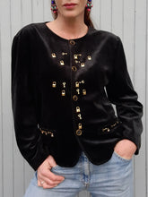Charger l'image dans la galerie, Blazer vintage Perrine - Panne de Velours noire orné de breloques. Taille XL, 42, 44. Made in France.
