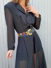 Charger l'image dans la galerie, Ceinture vintage Myriam - Croûte de cuir noir et strass multicolores. Cœurs. Taille ajustable.