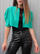 Charger l'image dans la galerie, Blazer vintage Faustine - Veste cropped vert à pois noirs. Taille S, 36, 38