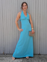 Charger l'image dans la galerie, Robe de cérémonie vintage Louizane - Dos nu, maxi longueur turquoise. Taille M, 38, 40