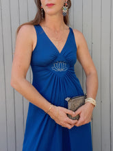 Charger l'image dans la galerie, Robe de cérémonie vintage Nelly - Bleu canard. Empiècement lotus. Taille S, 36, 38. Made in France