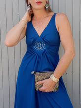 Charger l'image dans la galerie, Robe de cérémonie vintage Nelly - Bleu canard. Empiècement lotus. Taille S, 36, 38. Made in France