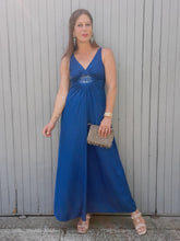 Charger l'image dans la galerie, Robe de cérémonie vintage Nelly - Bleu canard. Empiècement lotus. Taille S, 36, 38. Made in France