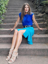 Charger l'image dans la galerie, Jupe vintage Sophie - Bleu turquoise à pans. Taille S, 36, 38. "Une parenthèse" Made in France.