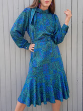Charger l'image dans la galerie, Robe vintage Chiara - Imprimé Azulejos verts et bleus. Taille L, 40, 42. Christian Michel. Made in France
