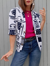 Charger l'image dans la galerie, Veste vintage Lucie - Imprimé abstrait bleu marine et blanc. Taille L, 40, 42. Claude Bauer