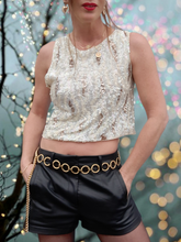 Charger l'image dans la galerie, Top vintage Salomé - A sequins nacré, écru et bronze léopard. Taille S, 36, 38. Hand made in France.