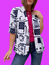 Charger l'image dans la galerie, Veste vintage Lucie - Imprimé abstrait bleu marine et blanc. Taille L, 40, 42. Claude Bauer